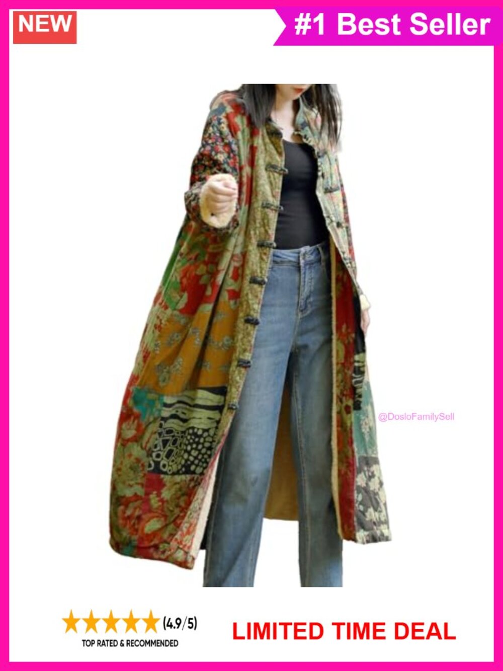 Fleece-Lined Cotton Linen Patchwork Floral Boho Long Coat